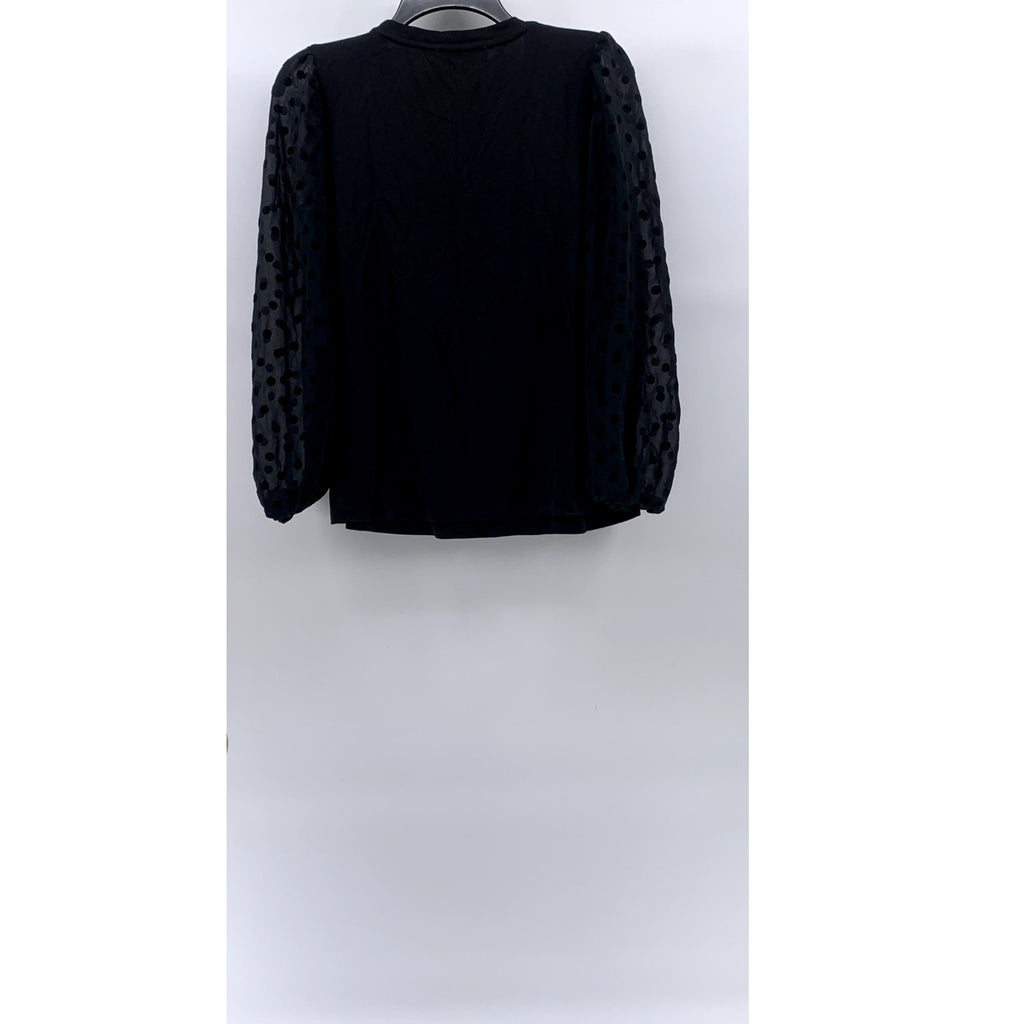 LOFT Women's Black Crewneck Sheer Dot Print Long Sleeve Top SZ L