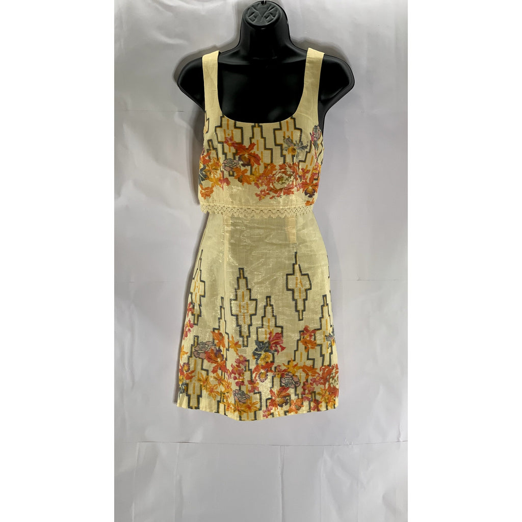 FREE PEOPLE Women's Tan-Orange Crochet Trim Straight-Neck Sleeveless Dress SZ 4
