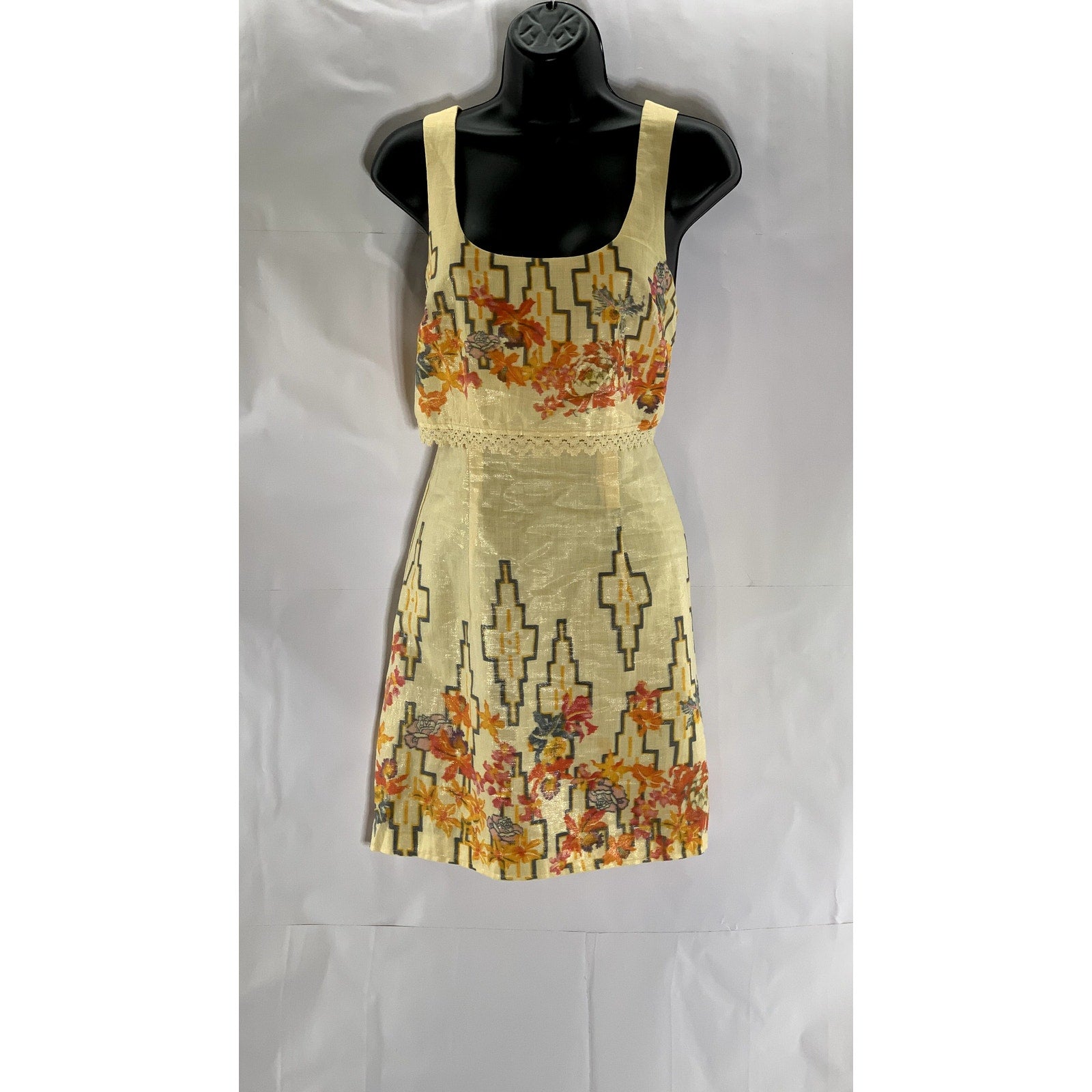 FREE PEOPLE Women's Tan-Orange Crochet Trim Straight-Neck Sleeveless Dress SZ 4