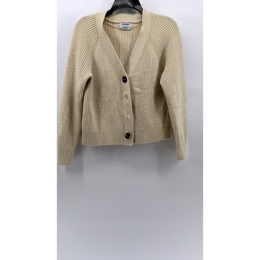 OLD NAVY Women's Beige Ribbed Button-Up V-Neck Long Sleeve Cardigan SZ S