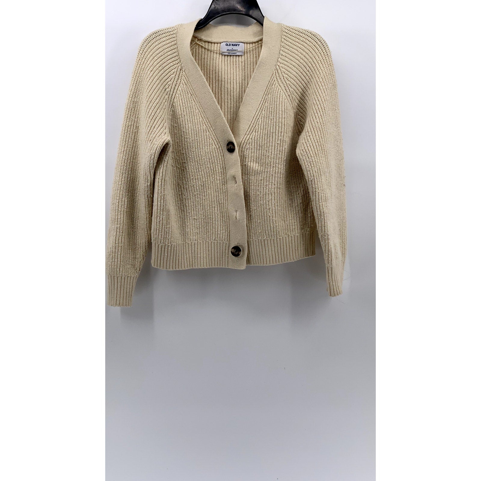 OLD NAVY Women's Beige Ribbed Button-Up V-Neck Long Sleeve Cardigan SZ S