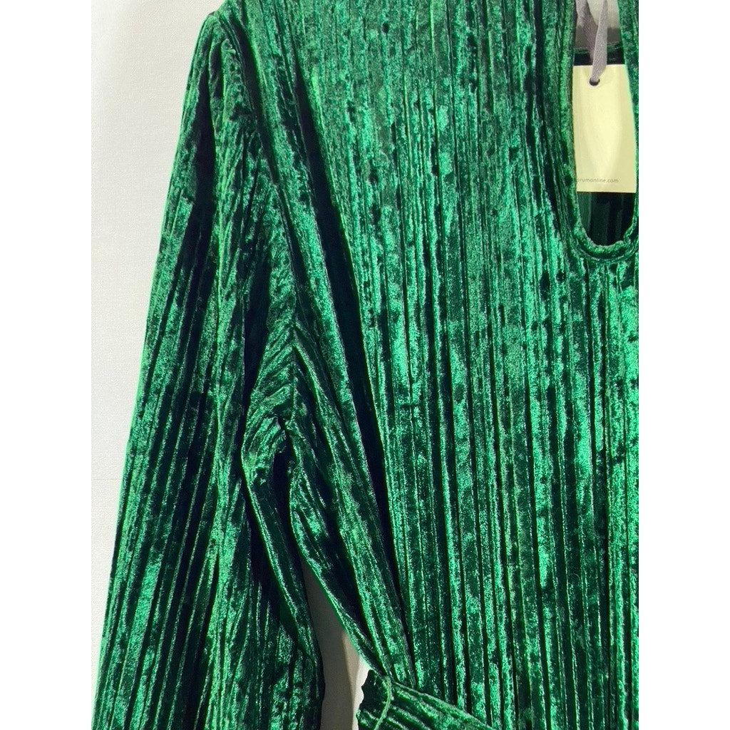 DRESS FORUM Women's Dark Green Crewneck Pleated Velvet Waist Tie Mini Dress SZ M