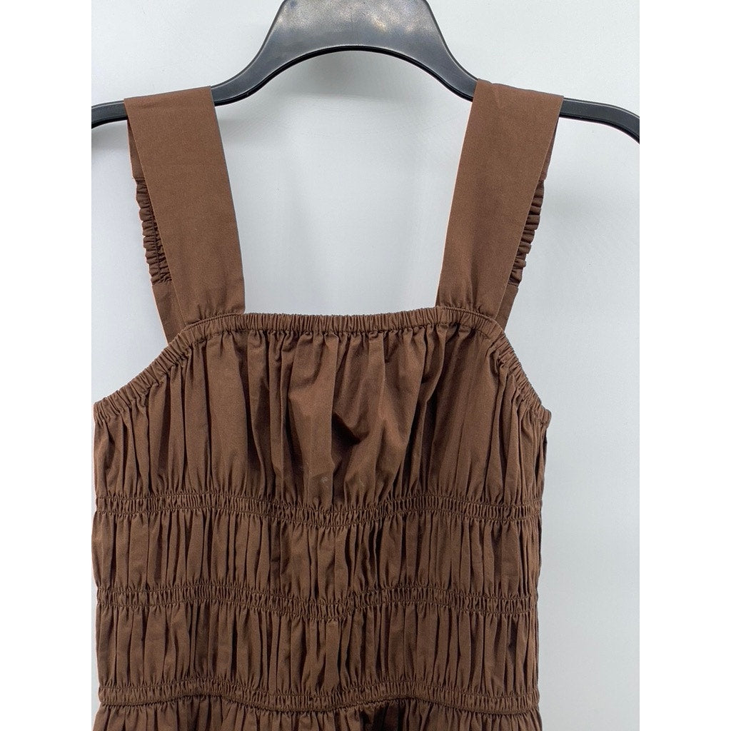 THE DROP Women's Brown Lu Wide Strap Smocked Fit & Flare Knee Length Dress SZ S