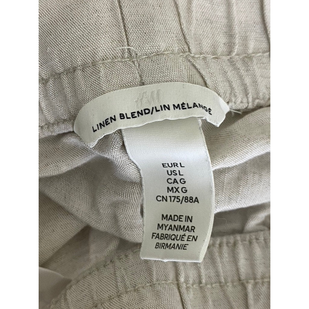 H&M Women's Beige Drawstring Waist Linen-Blend Straight-Leg Casual Pant SZ L