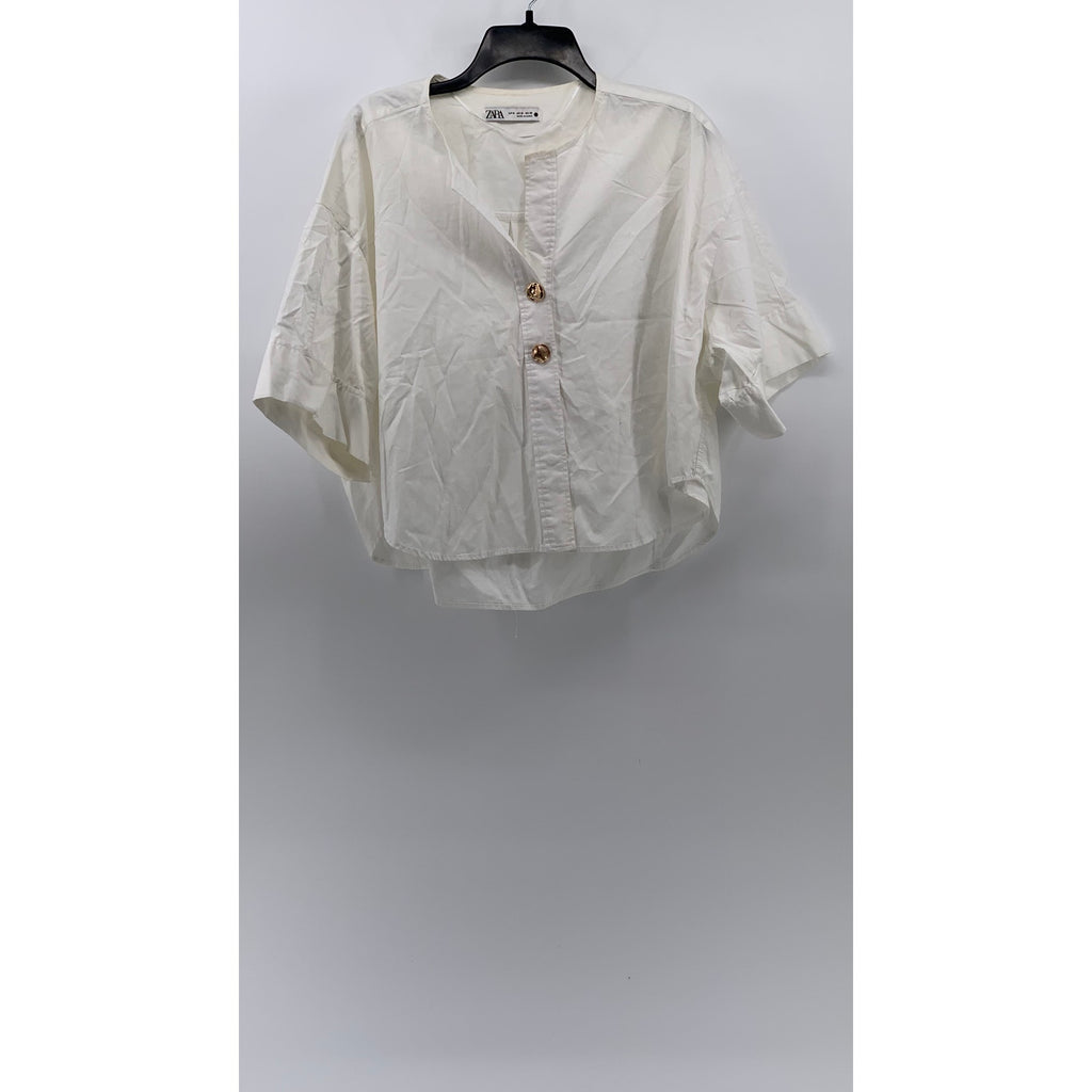 ZARA Women's White Solid Two-Button V-Neck Short Rolled Sleeve Top SZ M