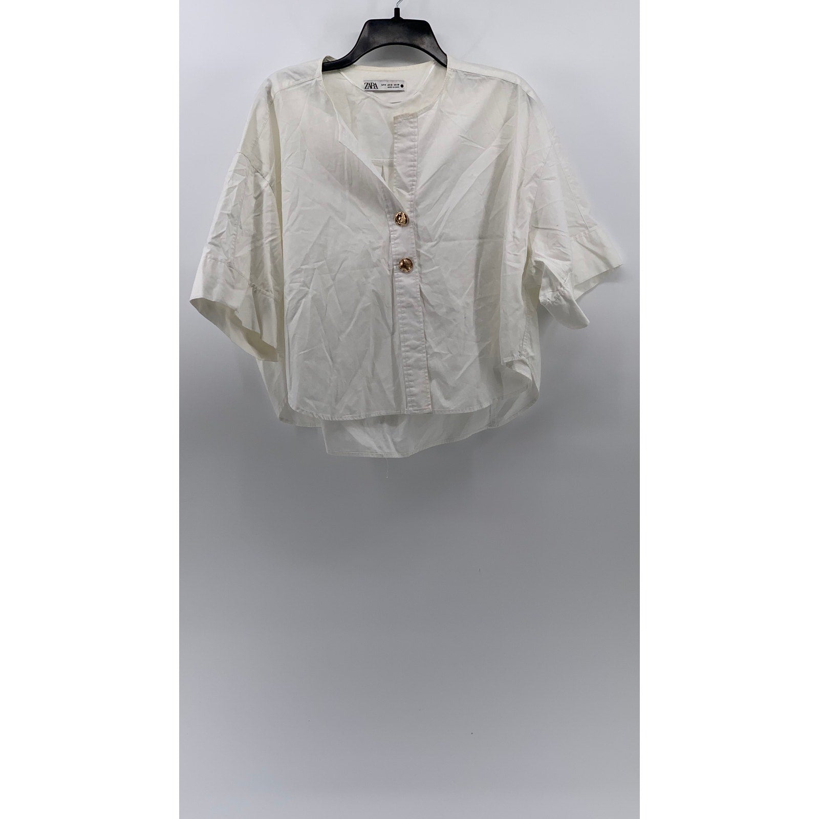 ZARA Women's White Solid Two-Button V-Neck Short Rolled Sleeve Top SZ M