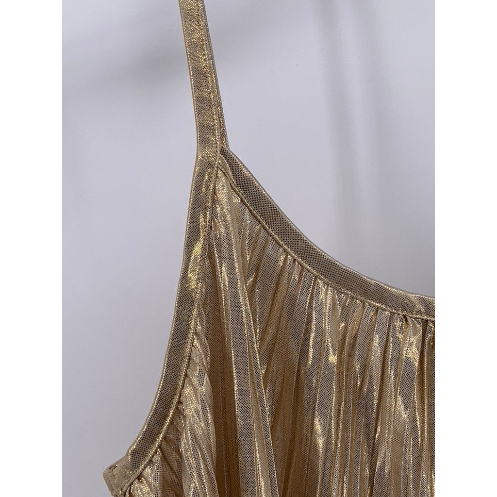 H&M Women's Gold Metallic Scoop-Neck Spaghetti Strap Pleated Tank Top SZ S