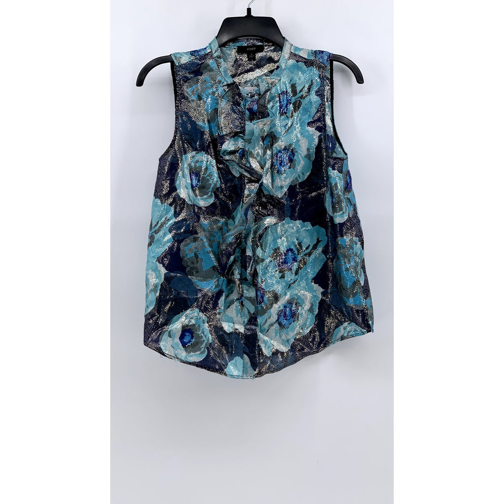 J.CREW Women's Blue Shimmer Floral Jacquard Ruffle-Front Top SZ S