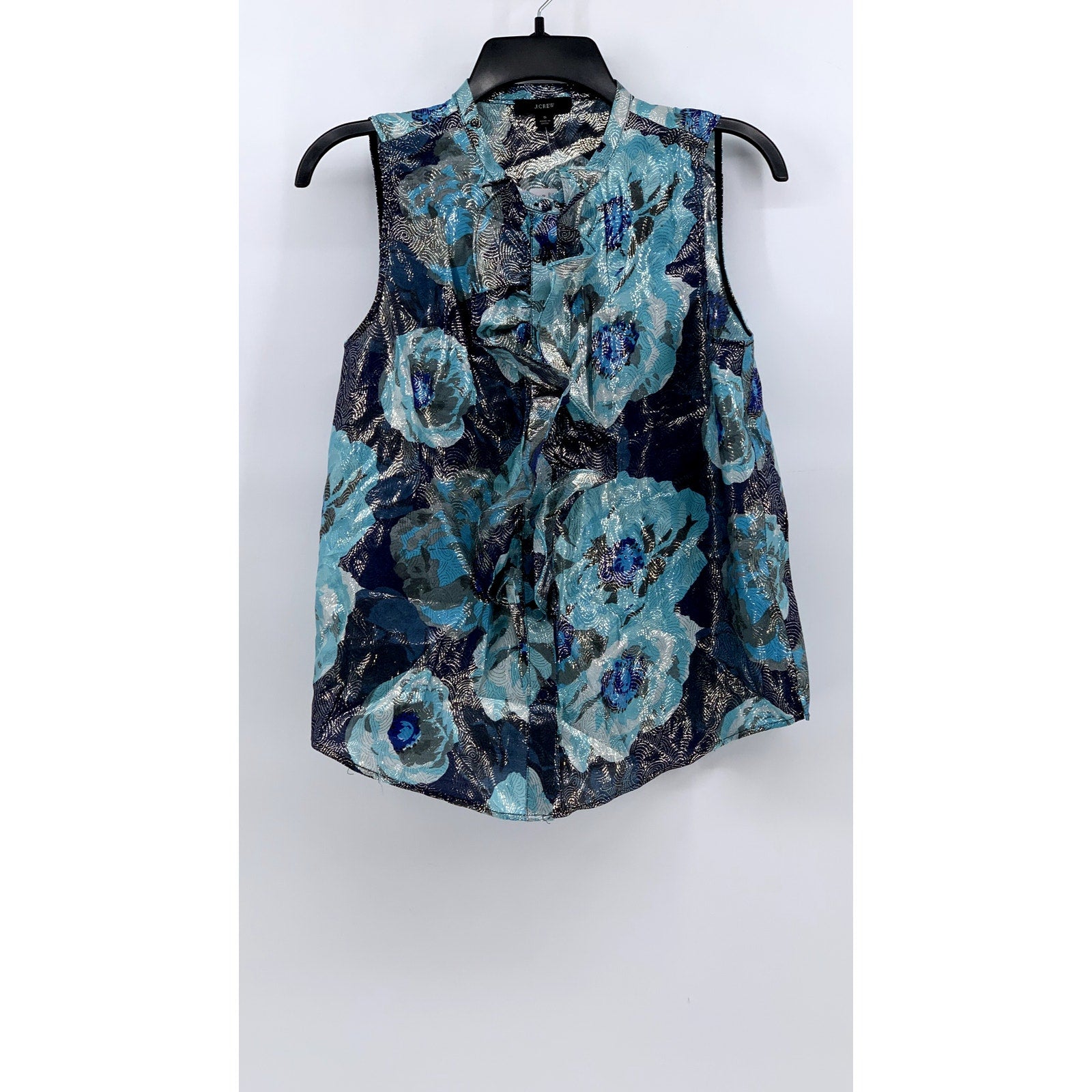 J.CREW Women's Blue Shimmer Floral Jacquard Ruffle-Front Top SZ S