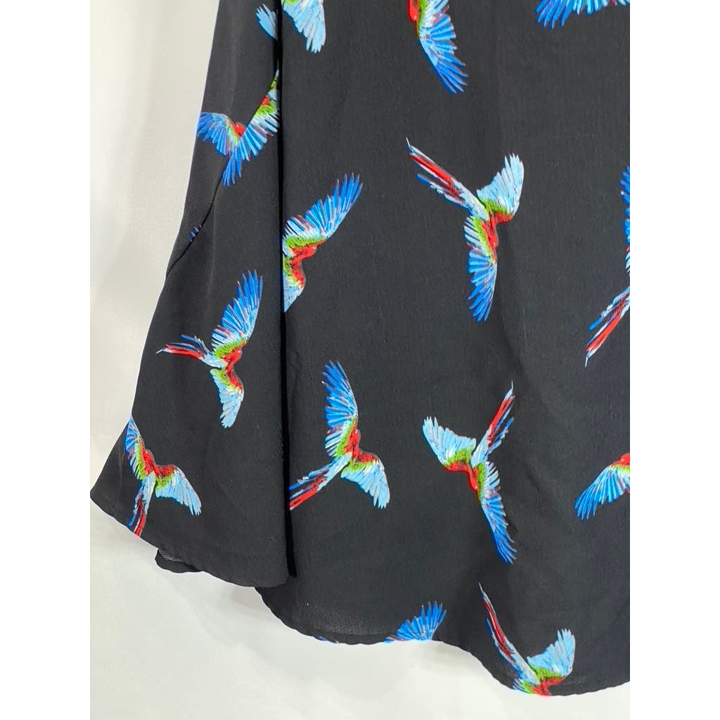 FRNCH Women's Black Bird Printed Crewneck Short Sleeve Mini Dress SZ M