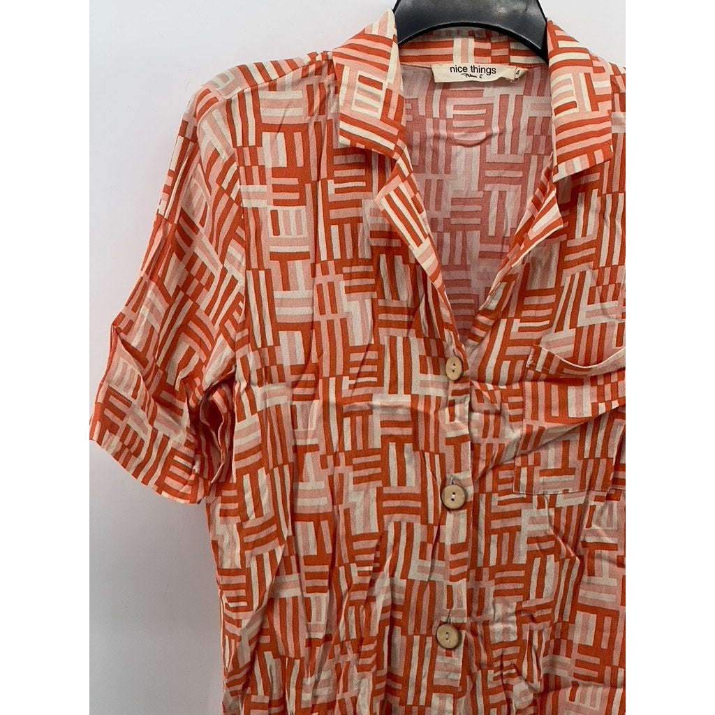 NICE THINGS Women's Orange-White Dessau Print Short Sleeve Button-Up Top SZ40(8)