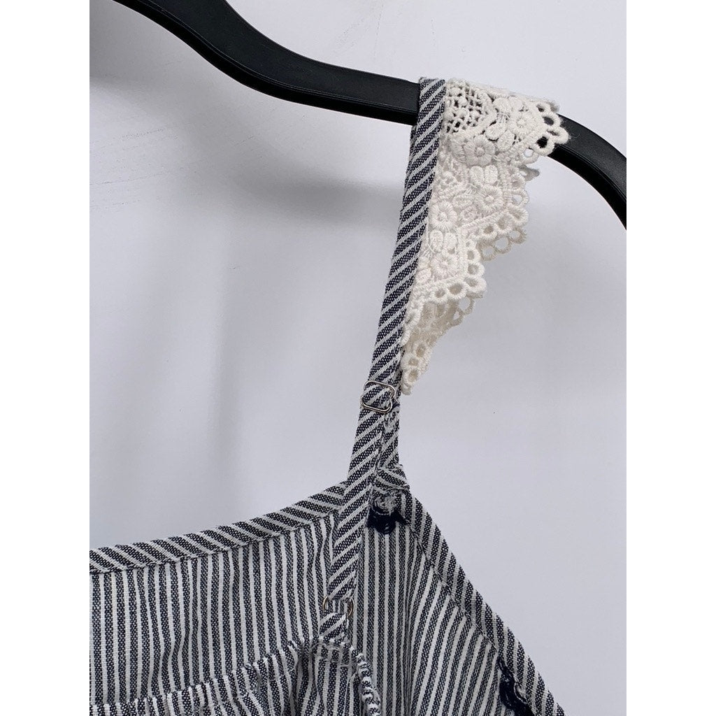 ALICE BLUE Women's Gray-White Striped Embroidered Floral Lace-Trim Top SZ L