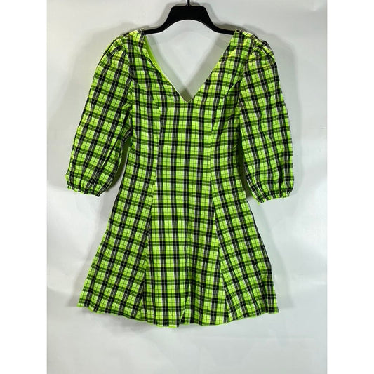 CIDER Women's Black/Green Neon Plaid V-Neck Long Sleeve Mini Dress SZ S(US4)