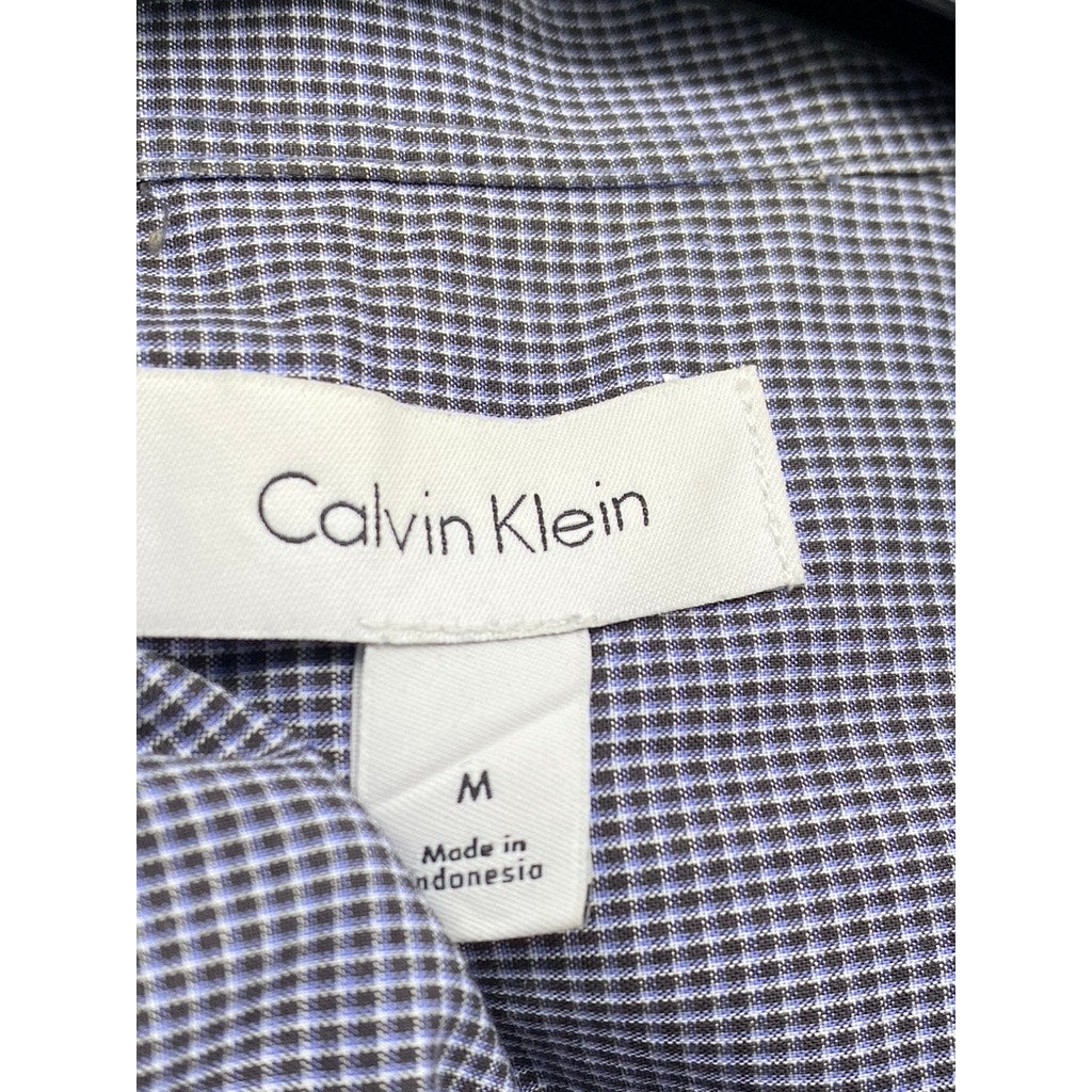 CALVIN KLEIN Men's Blue Micro-Check Regular-Fit Button-Up Long Sleeve Shirt SZ M