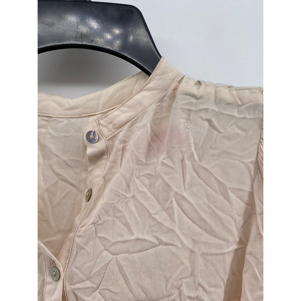 SHUMAQ Women's Light Pink Collarless Ruffle Button-Up Long Sleeves Top SZ S