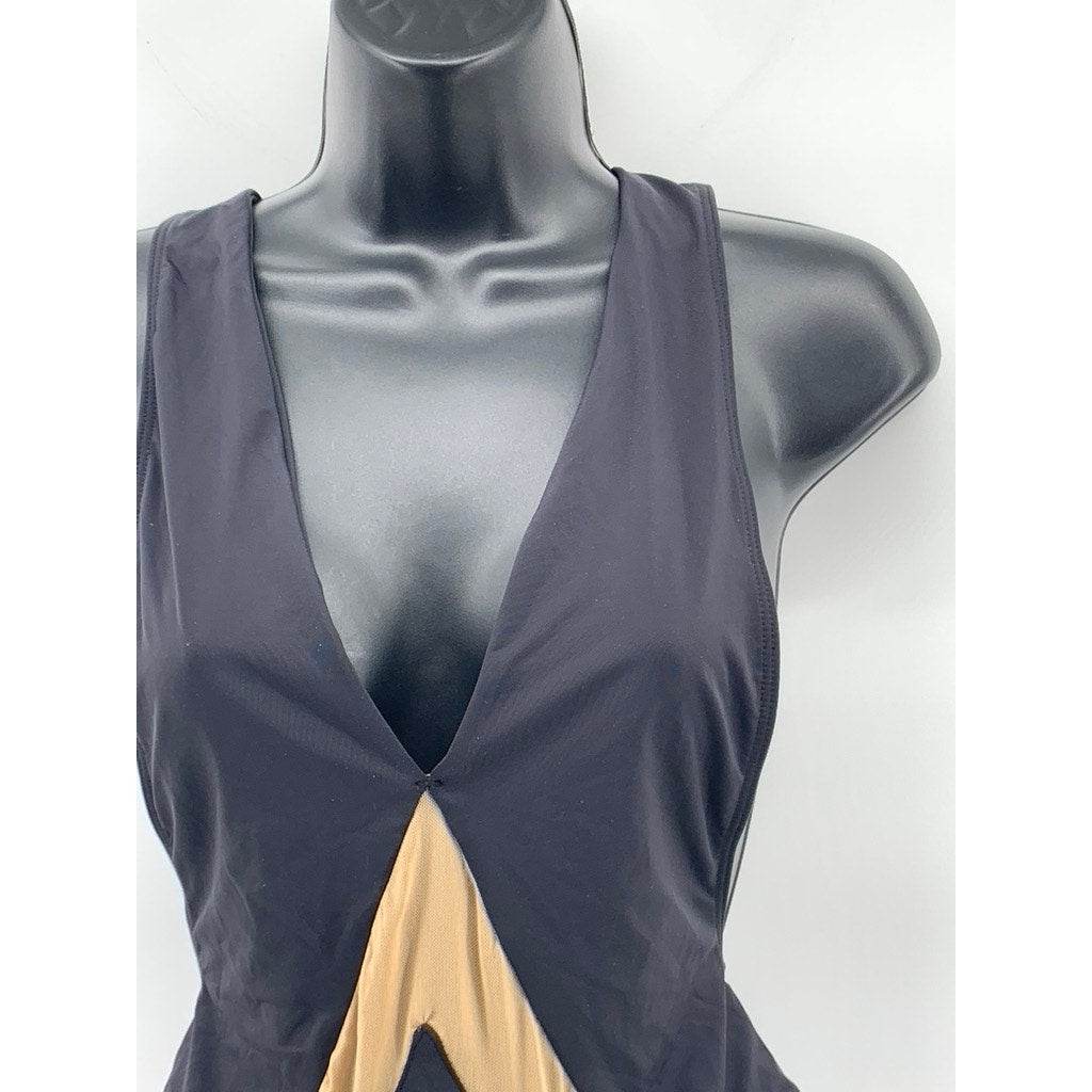 PD Women's Black-Beige Chevron Mesh V-Neck Back Lace-Up One-Piece Leotard SZ XS