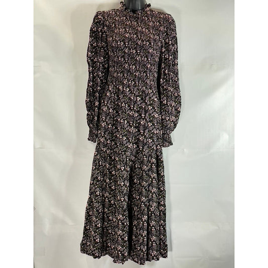 BODEN Women's Black Multi Floral Smocked Tiered Long Sleeve Midi Dress SZ 8R