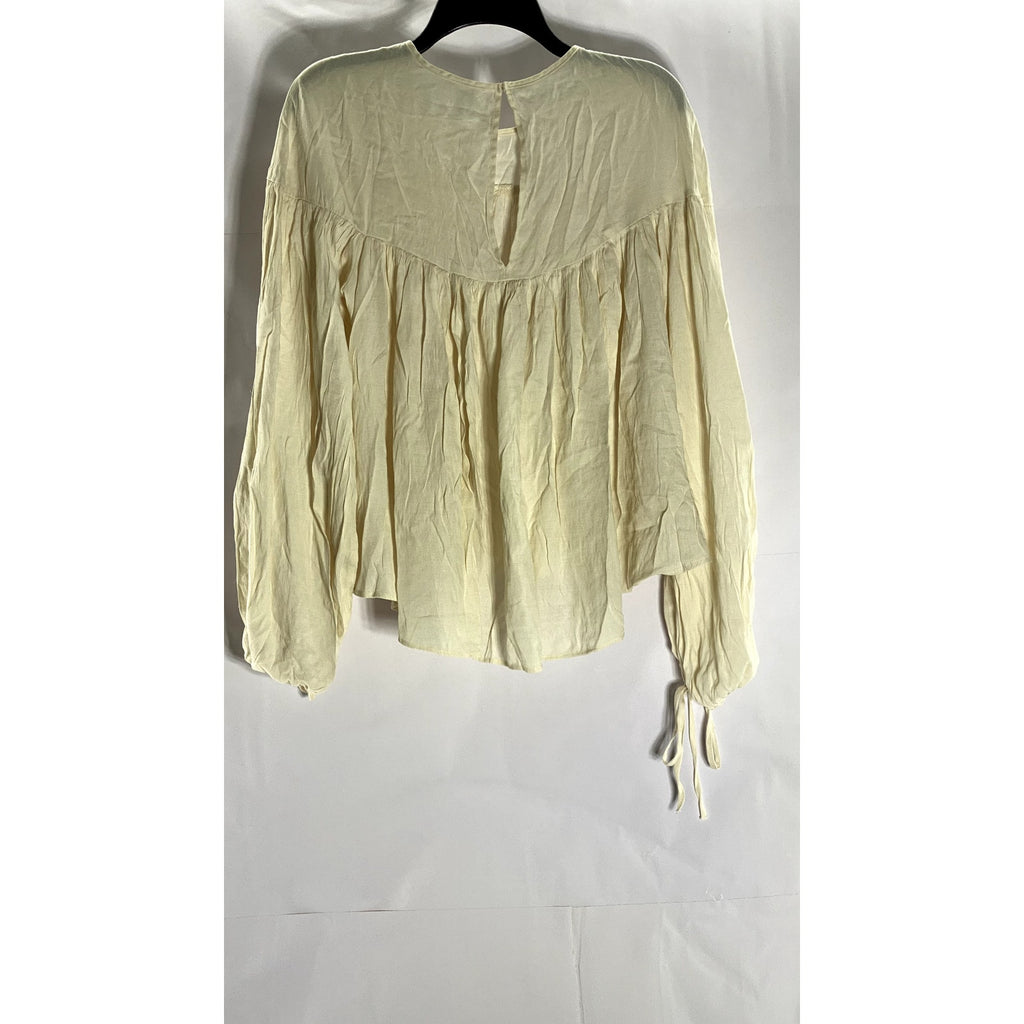 H&M Women's Beige Crewneck Long Tie Sleeve Back Keyhole Top SZ M
