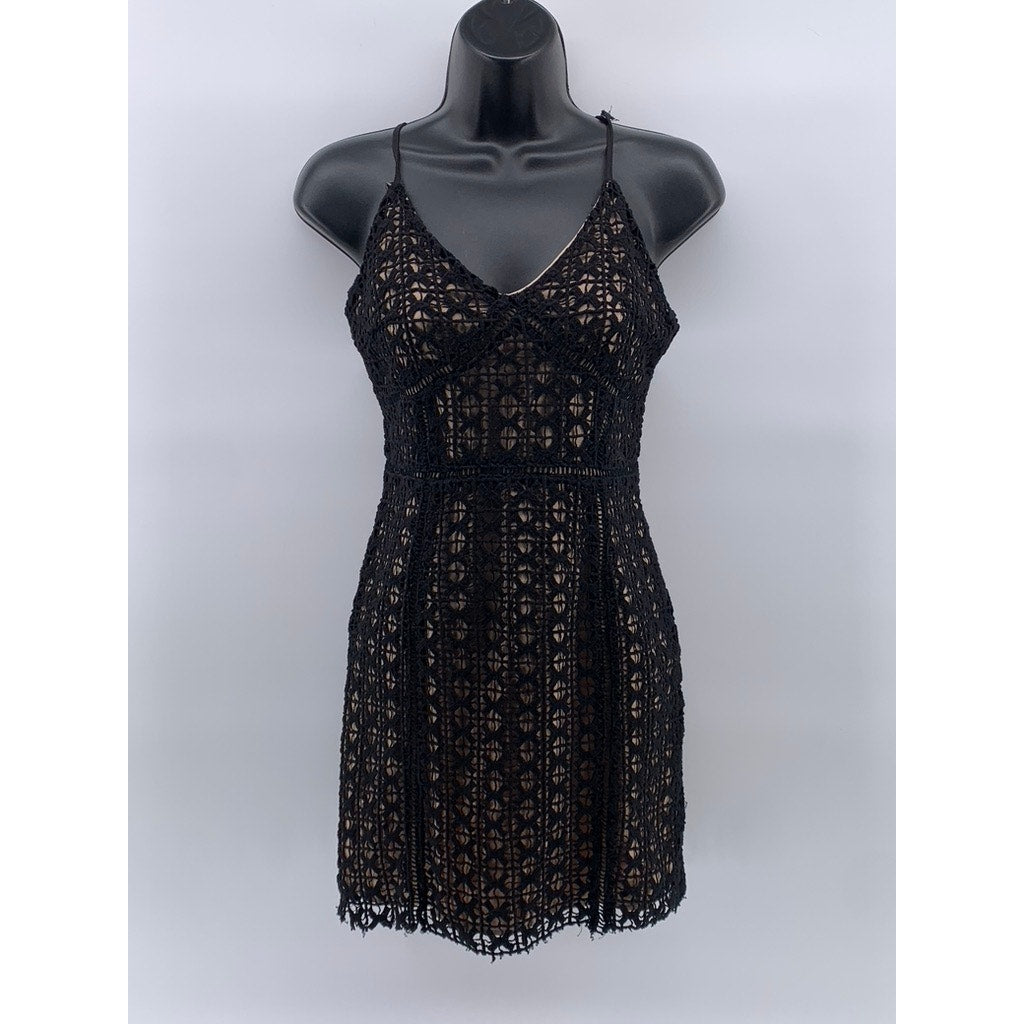 J.O.A LOS ANGELES Women's Black-Beige Spaghetti Strap V-Neck Crochet Dress SZ XS