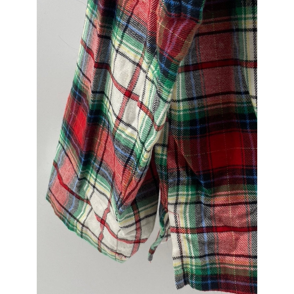 HOLIDAY LANE Women's Green-Red-White Plaid Flannel Button-Up Pajama Top SZ S