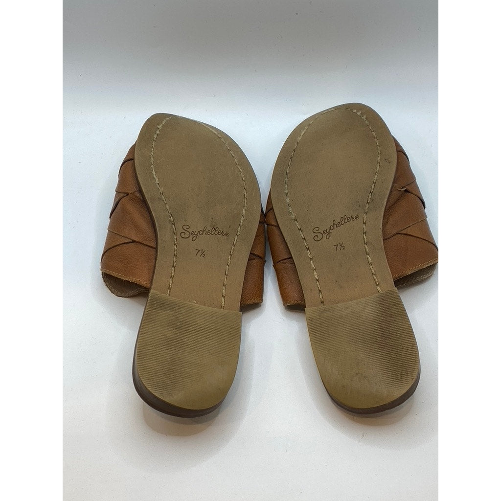 SEYCHELLES Women's Cognac Leather Almond-Toe Slip-On Flat Mule Shoes SZ 7.5