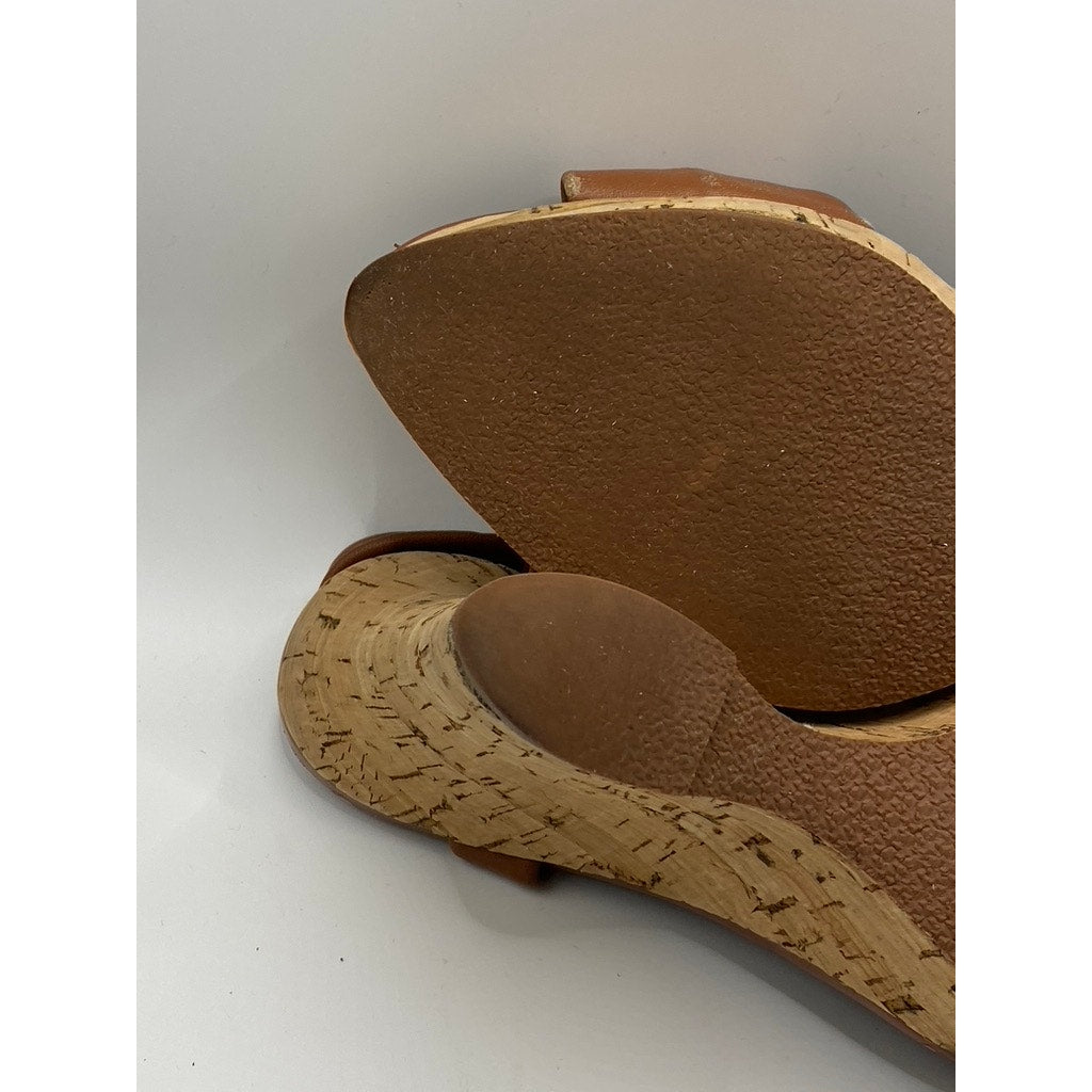 STEVEN BY STEVEN MADDEN Women's Brown Faux Leather Bow Cork Wedge Sandals SZ 7