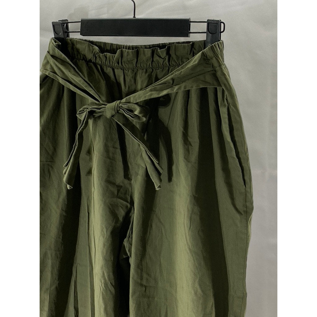 ZARA BASIC COLLECTION Women's Olive Green Straight-Leg Cotton Paperbag Pant SZ M