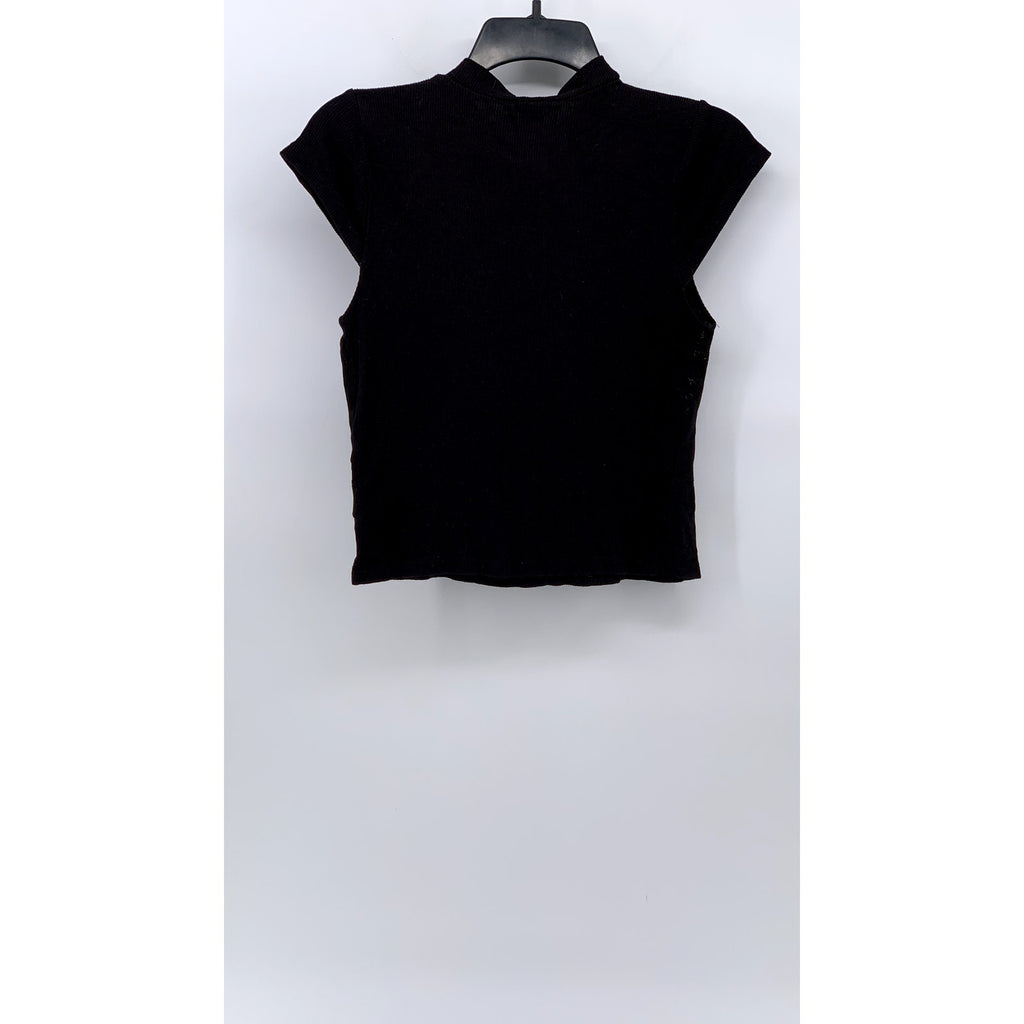 ATMOSPHERE Women’s Black Ribbed Half-Zip Short Cap Sleeve Top SZ 8