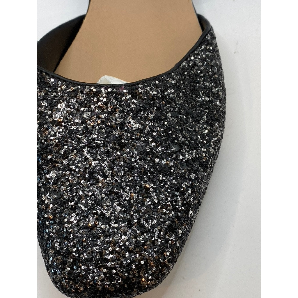 D'CALETA Women's Black Sequin Embellished Closed Toe Ankle Strap Flats SZ 9.5