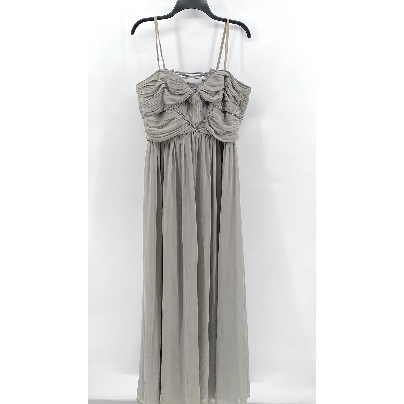 PEARL GEORGINA CHAPMAN Women's Gray Rhinestone Embellished Maxi Gown SZ 14