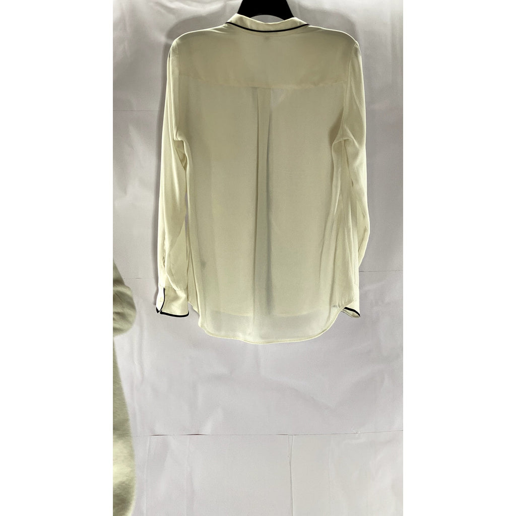 EXPRESS Women's Cream/Black Trim Button-Up Long Sleeve Top SZ M