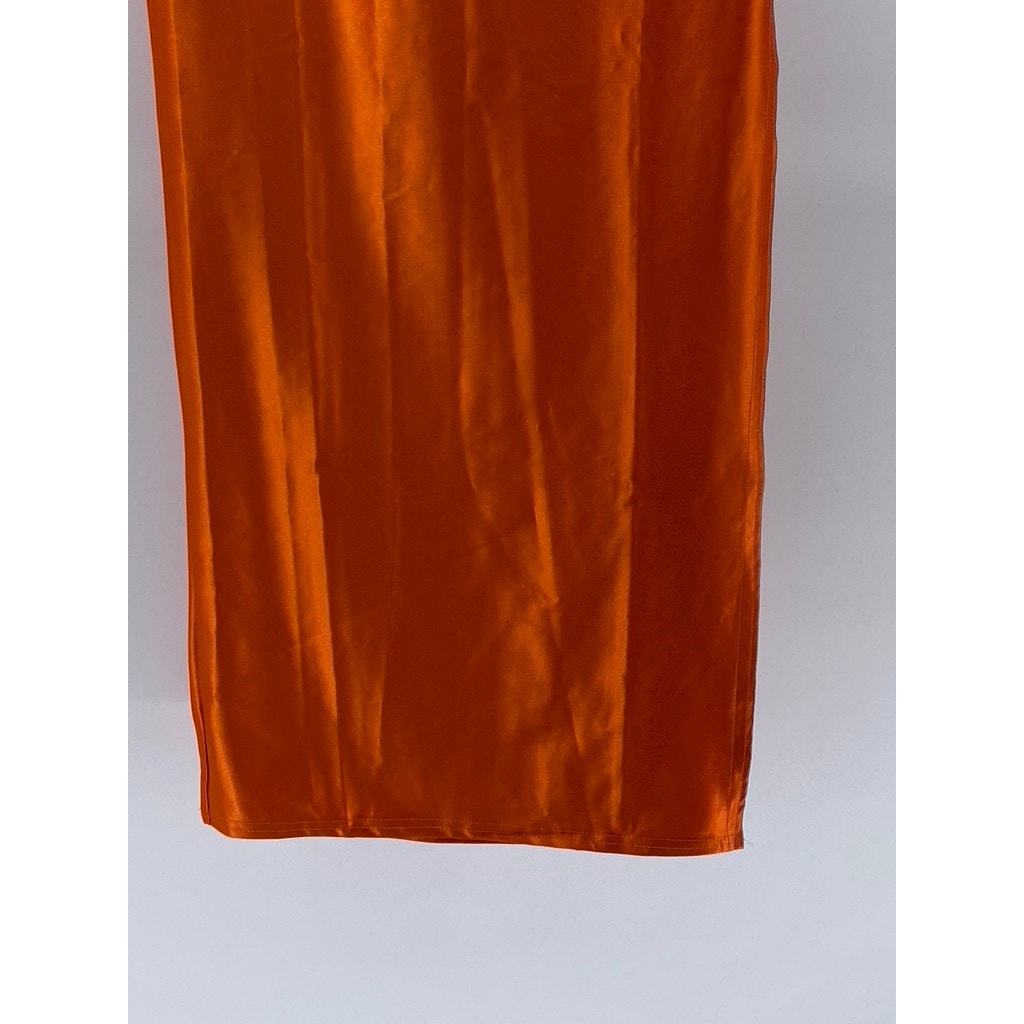 PRETTYLITTLETHING Women's Orange Rust Satin Stretch Side Slit Maxi Skirt SZ 4