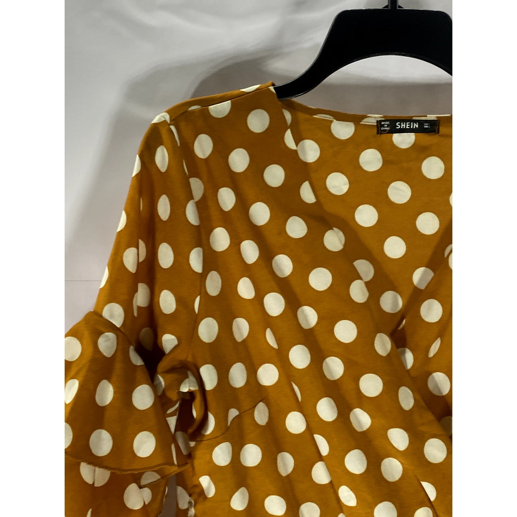 SHEIN Women's Carmel Brown-White Polka Dot Surplice Ruffle-Hem Dress SZ L
