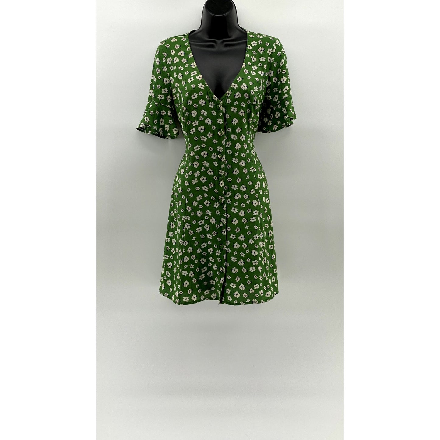 UNBANDED Women's Green Floral V-Neck Button-Up Ruffle Elbow Sleeve Dress SZ M