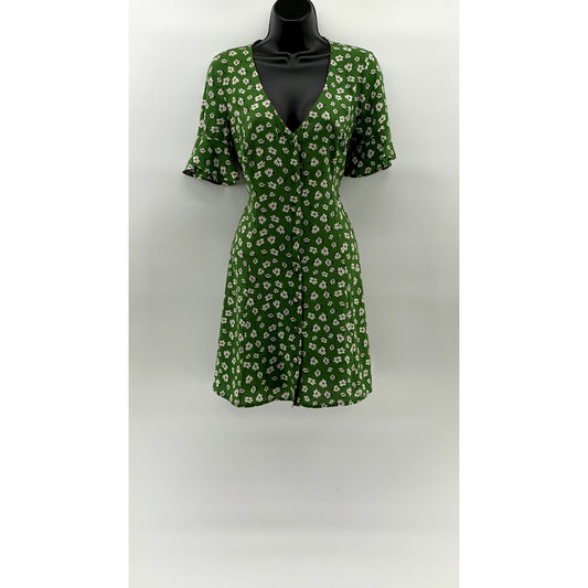 UNBANDED Women's Green Floral V-Neck Button-Up Ruffle Elbow Sleeve Dress SZ M