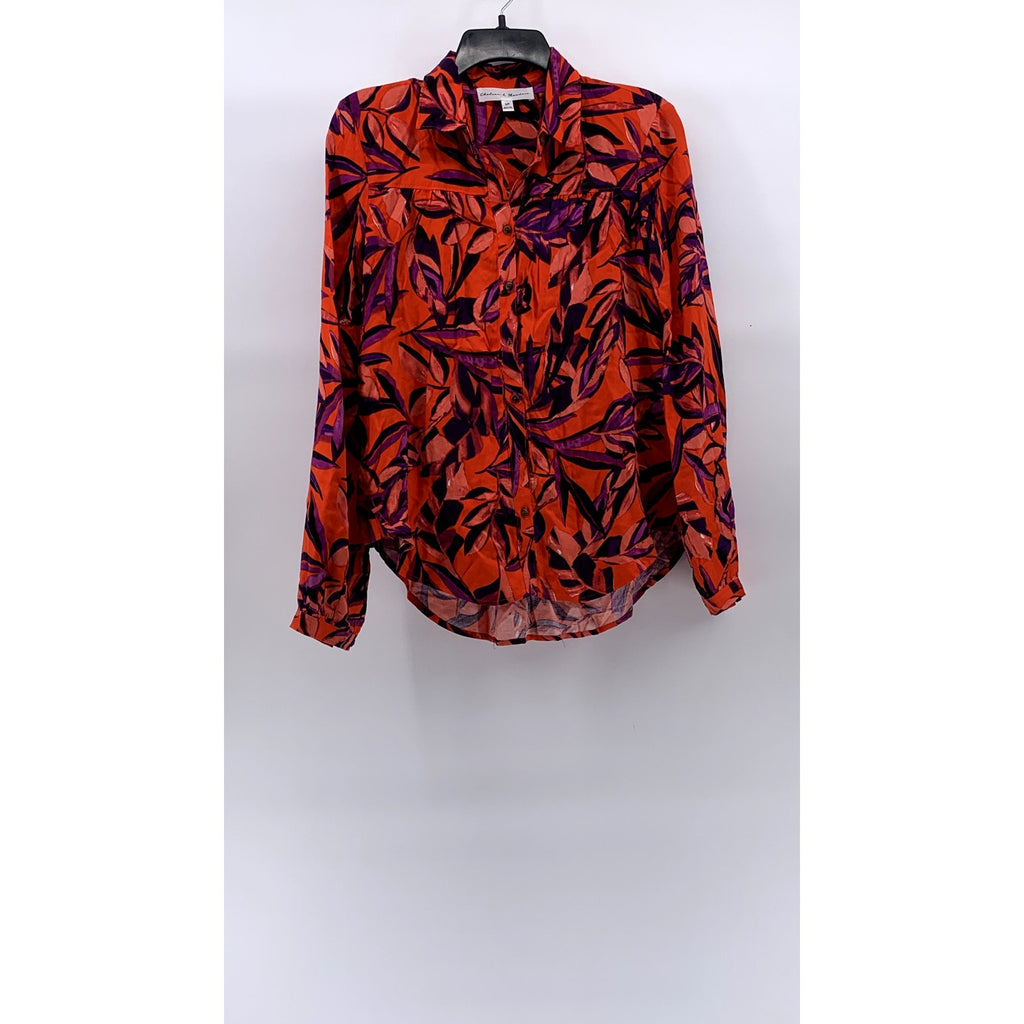 CHELSEA & THEODORE Women's Red Multi Leaf Print Button-Up Long Sleeve Top SZ S