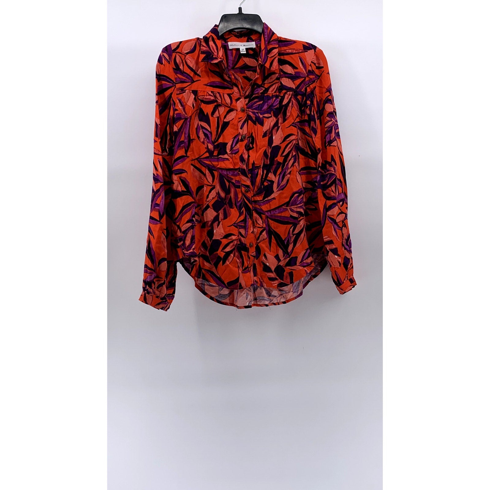 CHELSEA & THEODORE Women's Red Multi Leaf Print Button-Up Long Sleeve Top SZ S