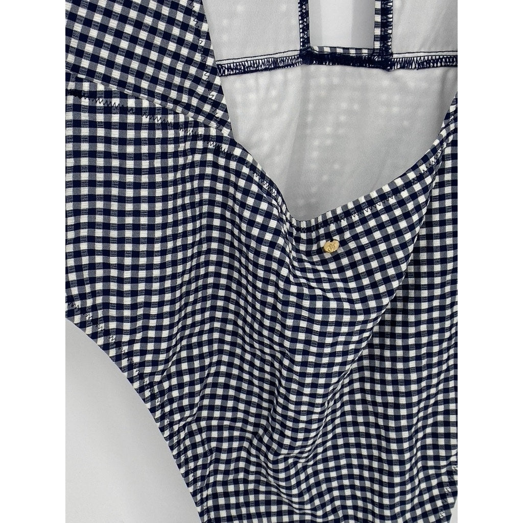 VICTORIA SECRET Women's Blue-White Gingham Cutout V-Neck Tie Neck Swimsuit SZ XL