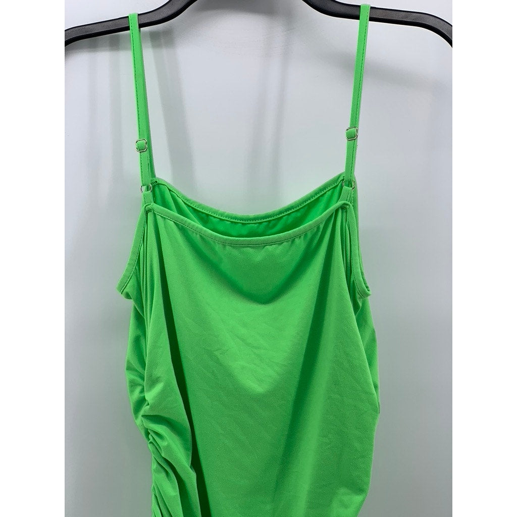 UNBRANDED Women's Lime Green Straight-Neck Ruched Bodycon Mini Dress SZ L