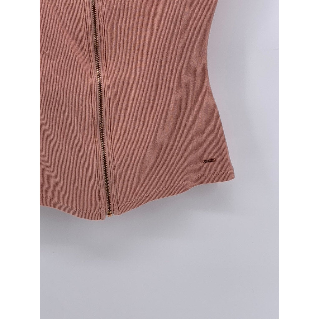 GUESS Women's Light Pink Ribbed Cutout Zip-Up Short Sleeve Top SZ S
