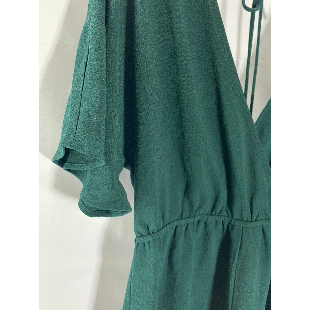 LEITH Women's Dark Green Emerald V-Neck Flowy Short Sleeve Tie-Back Romper SZ M