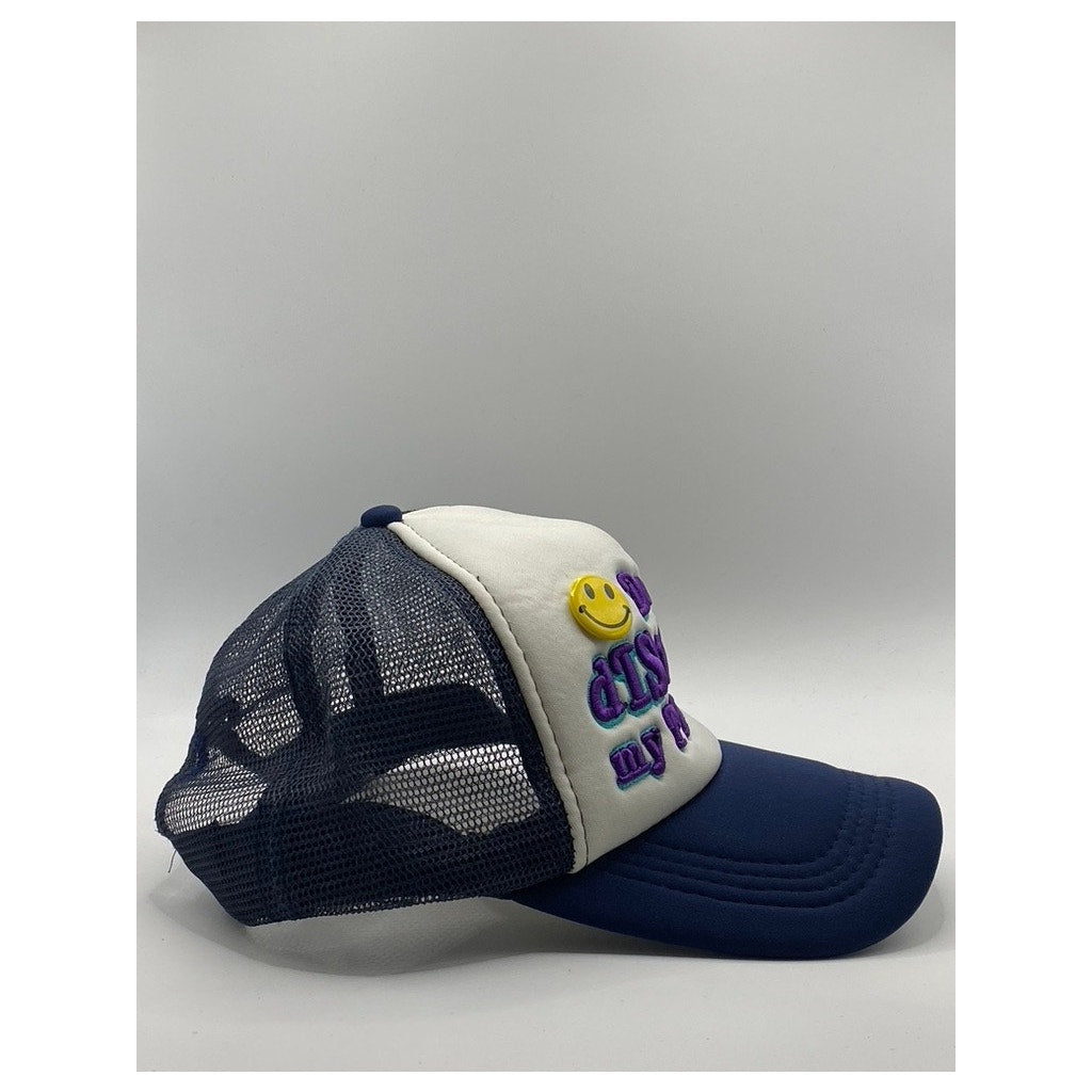 UNISEX Navy/White Embroidered "Do Not Disturb My Peace" Mesh Trucker Hat OS