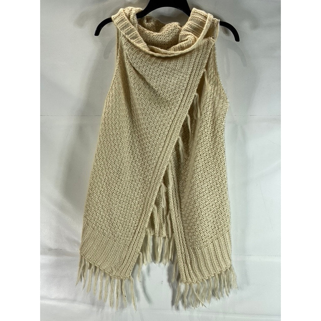 UNBRANDED Women's Tan Crochet Snap-Button Tassel Fringe Poncho/Shawl SZ OS