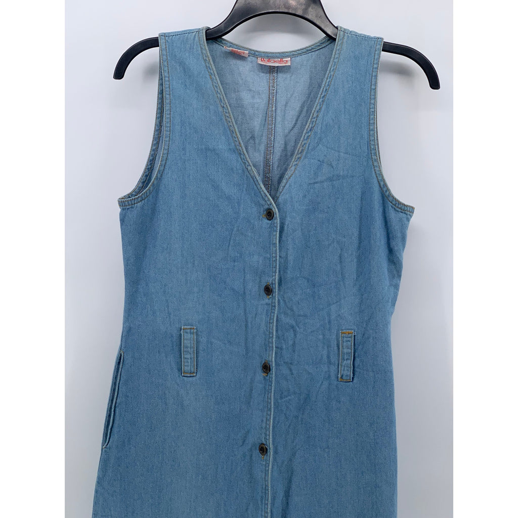 RAFAELLA Women’s Petite Vintage Blue V-Neck Sleeveless Button-Up Midi Dress SZ4P