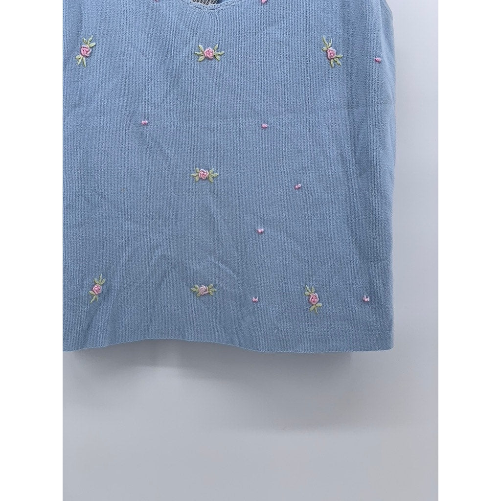 JOSEPH A. Women's Light Blue Scoop-Neck Knit Embroidered Floral Tank Top SZ L