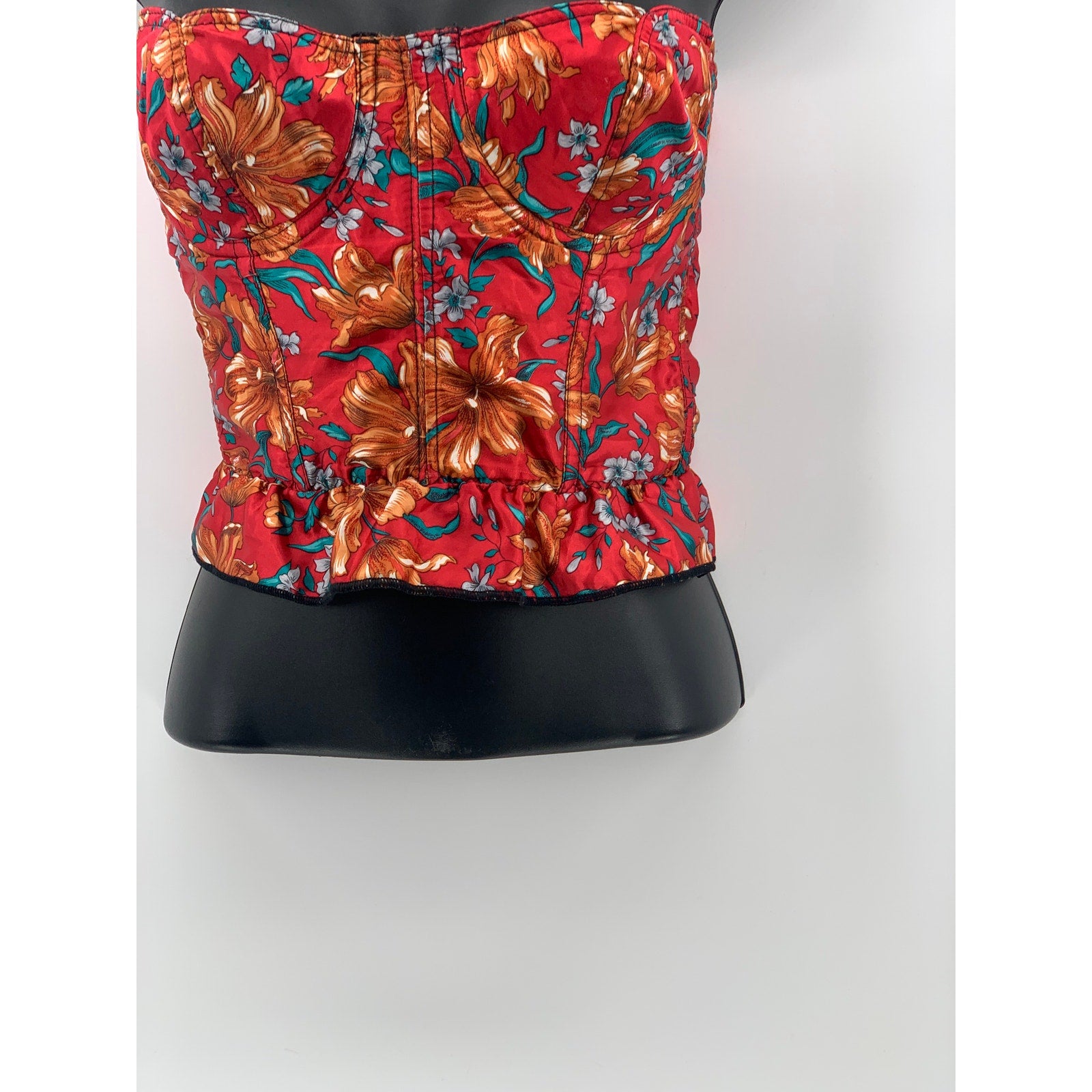UNBRANDED Women's Vintage Red-Black Floral Strapless Corset Bustier Top SZ S