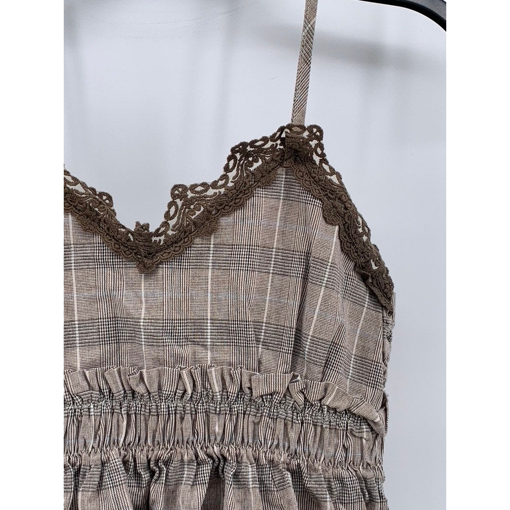 GROOVE Women's Brown Lace-Trim Plaid V-Neck Ruffle Camisole Top SZ S