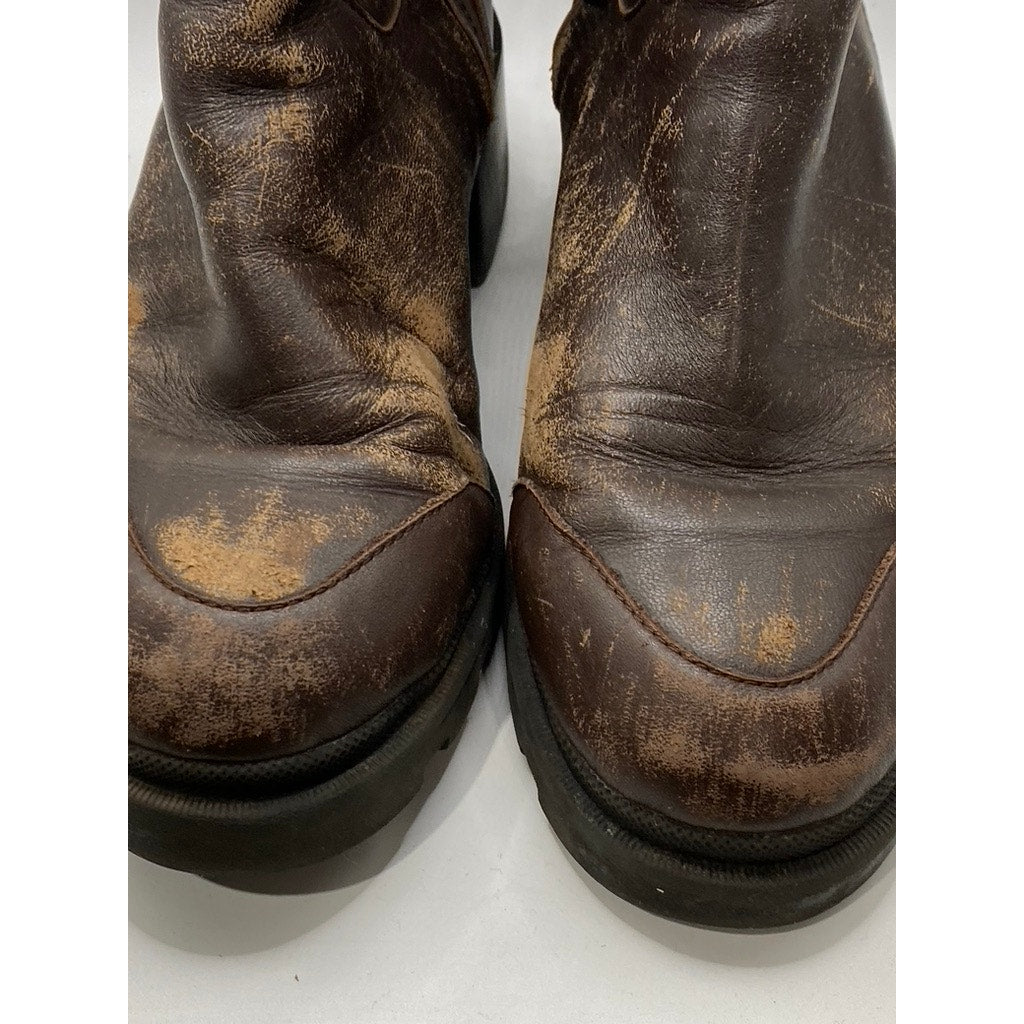 Women's Brown Leather Distressed Black Heel Mid-Calf Shearling Boots SZ 40(US10)