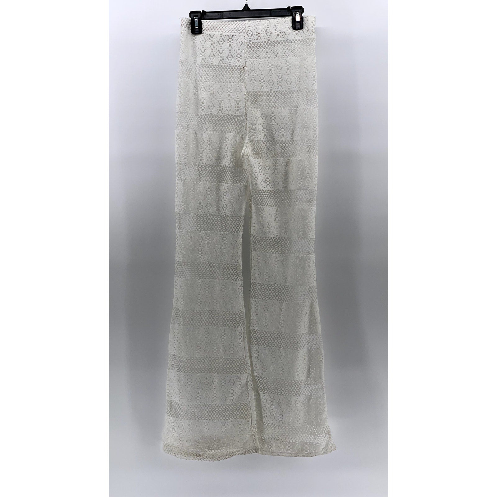 PRETTYLITTLETHING Women's White Mesh Elastic Waist Pull-On Wide-Leg Pant SZ 8