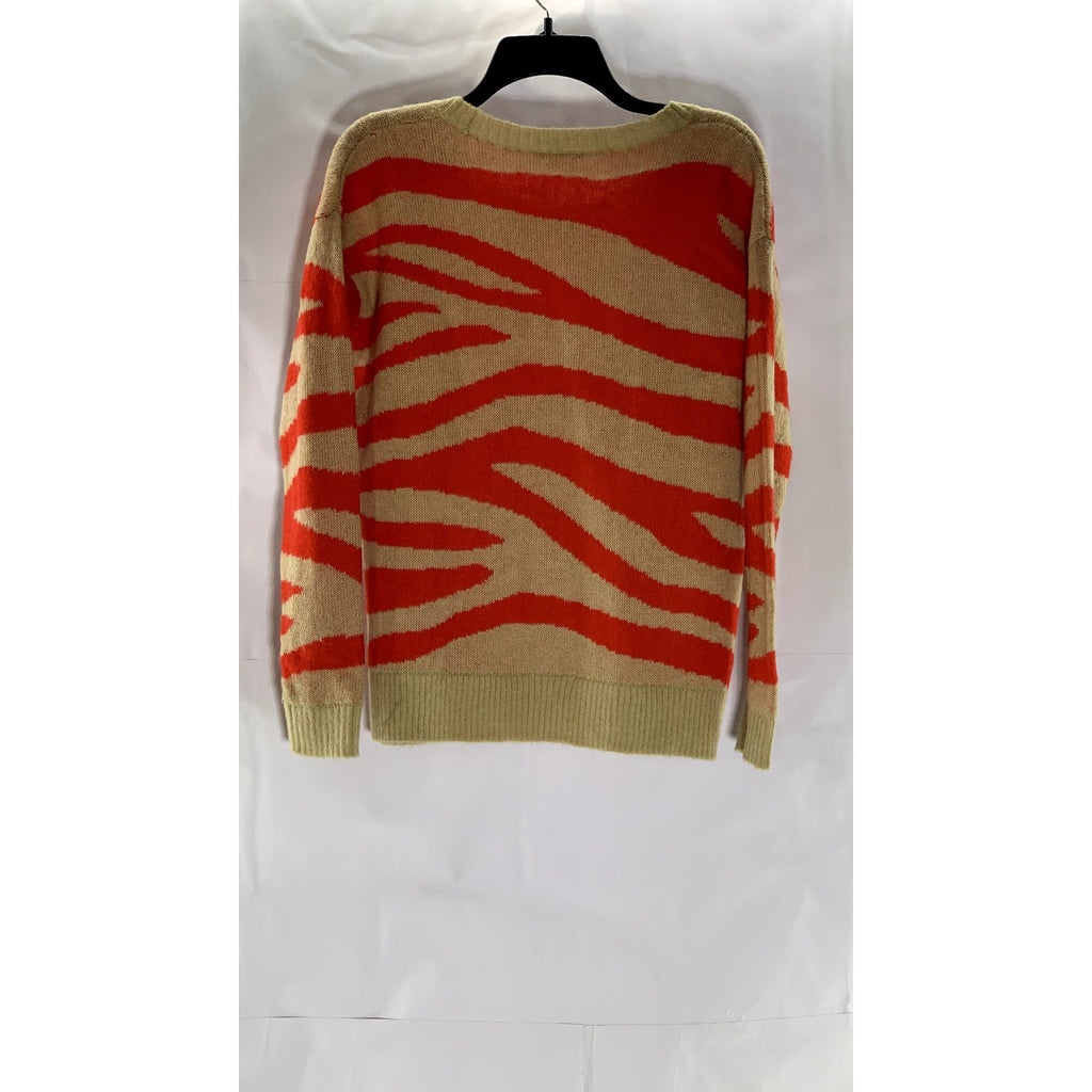 CLUB MONACO Women's Tan-Red Zebra Striped Crewneck Knit Pullover Sweater SZ S